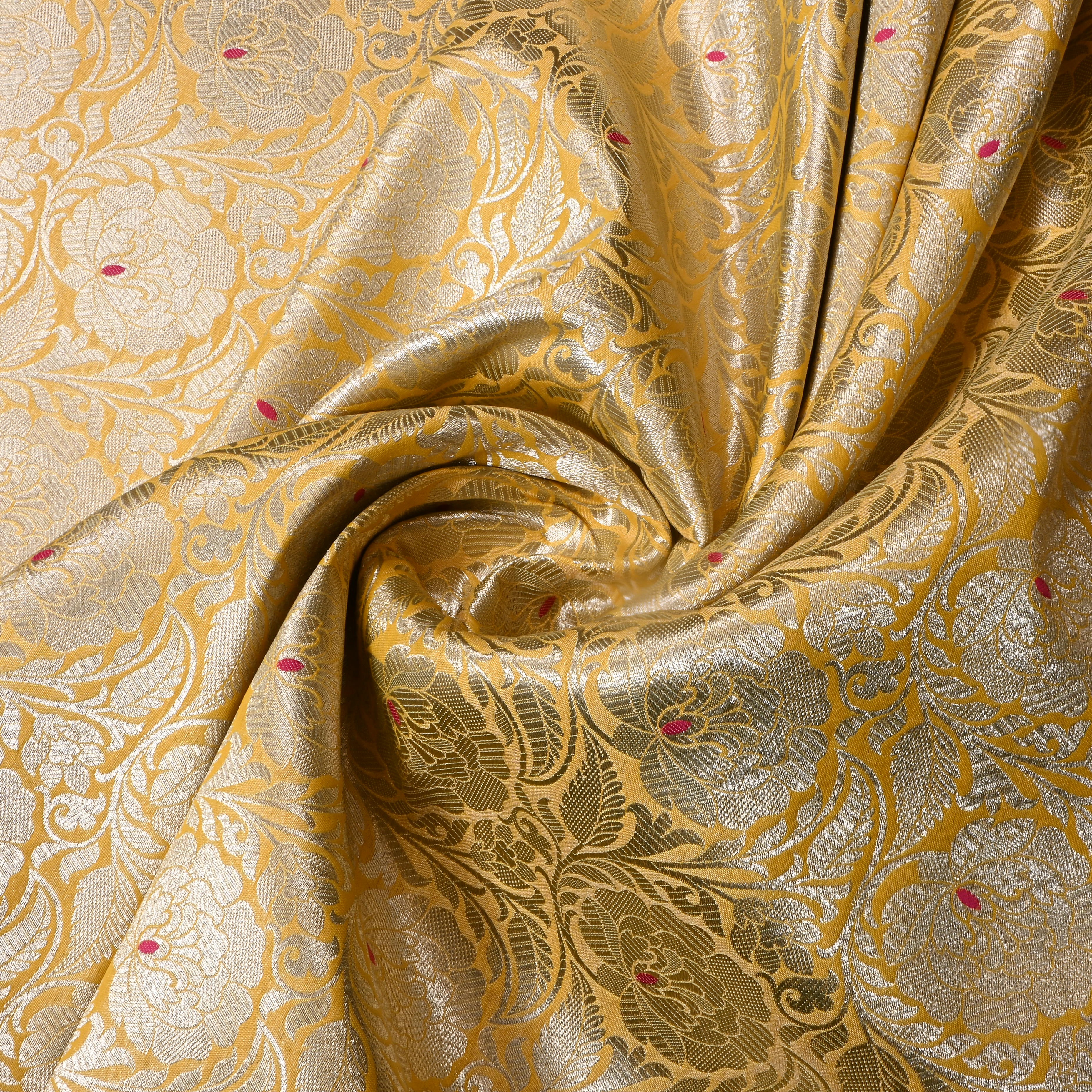 Golden Yellow Floral Jamawar Silk Fabric