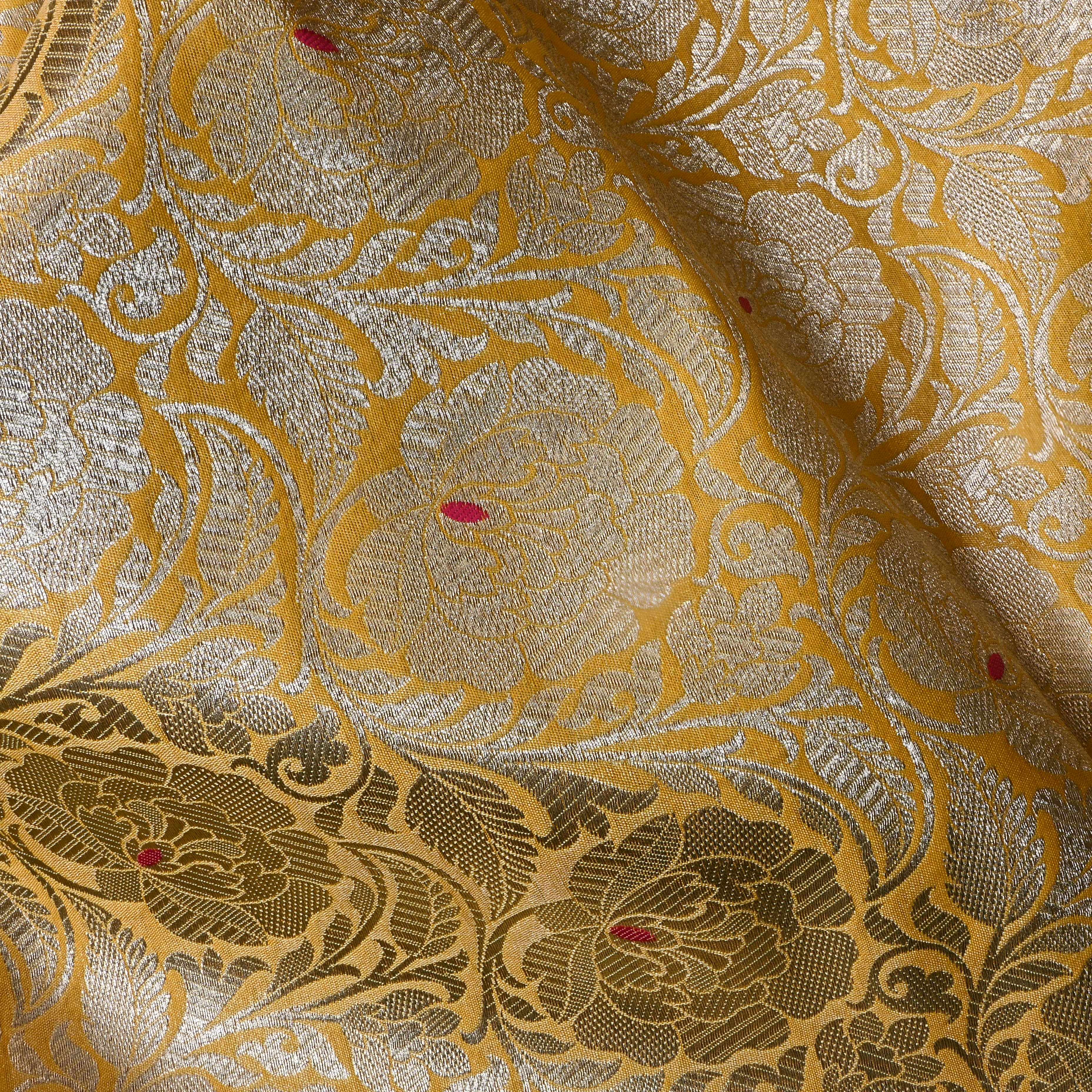 Golden Yellow Floral Jamawar Silk Fabric