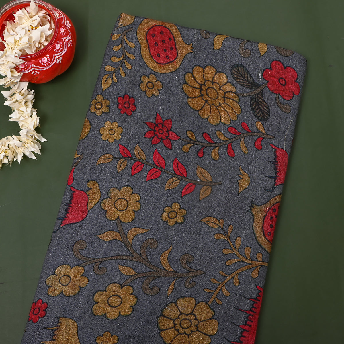 Graphite Floral Digital Print Raw Silk Fabric