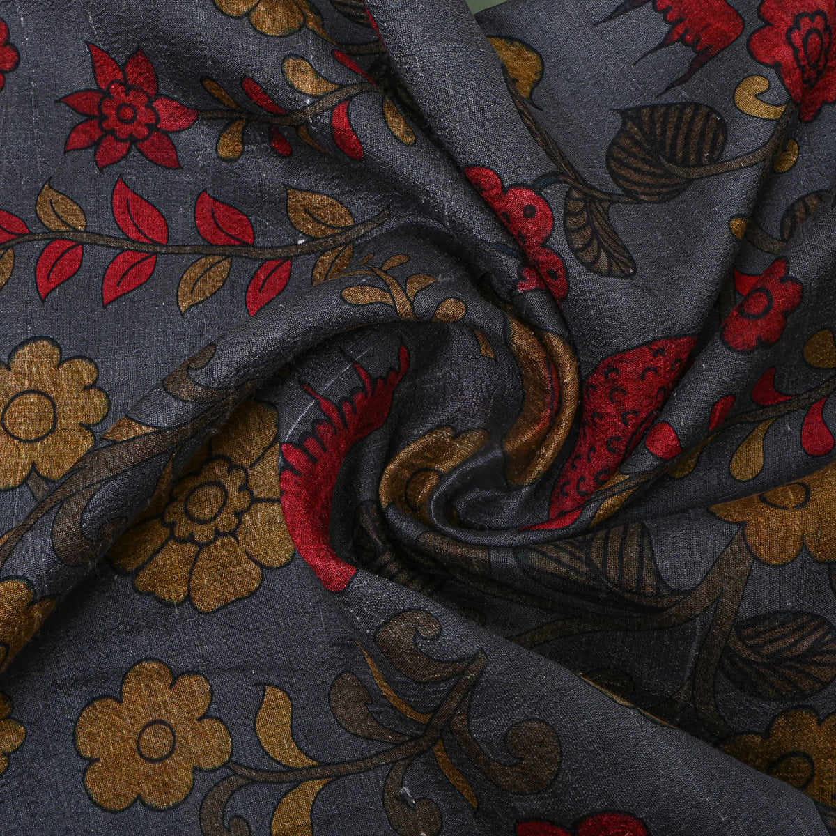 Graphite Floral Digital Print Raw Silk Fabric