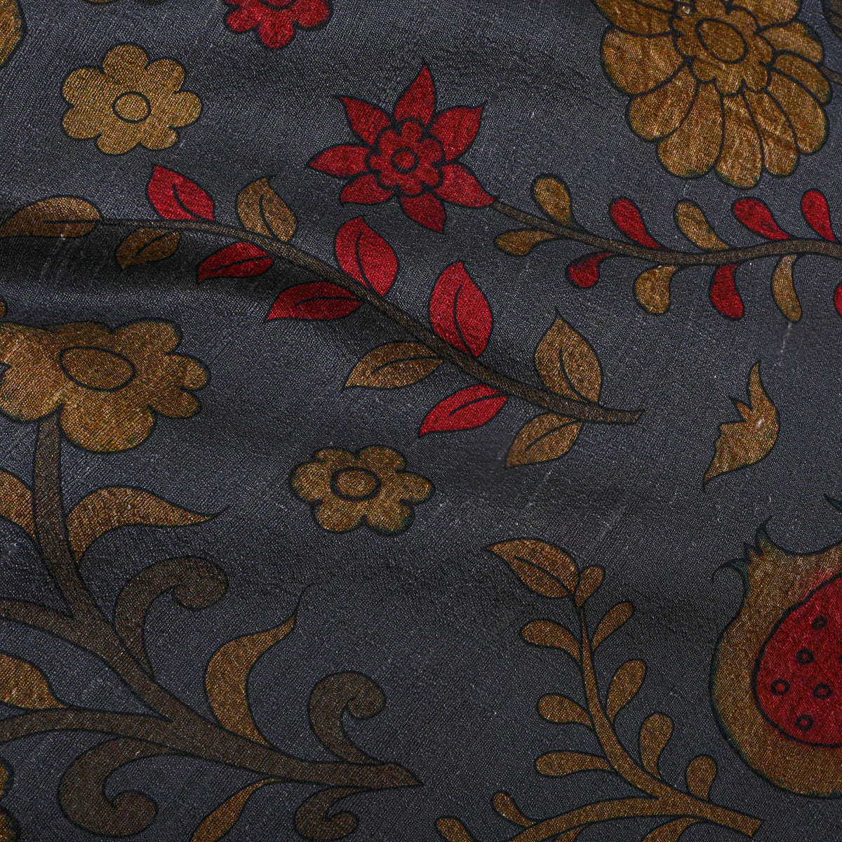 Graphite Floral Digital Print Raw Silk Fabric