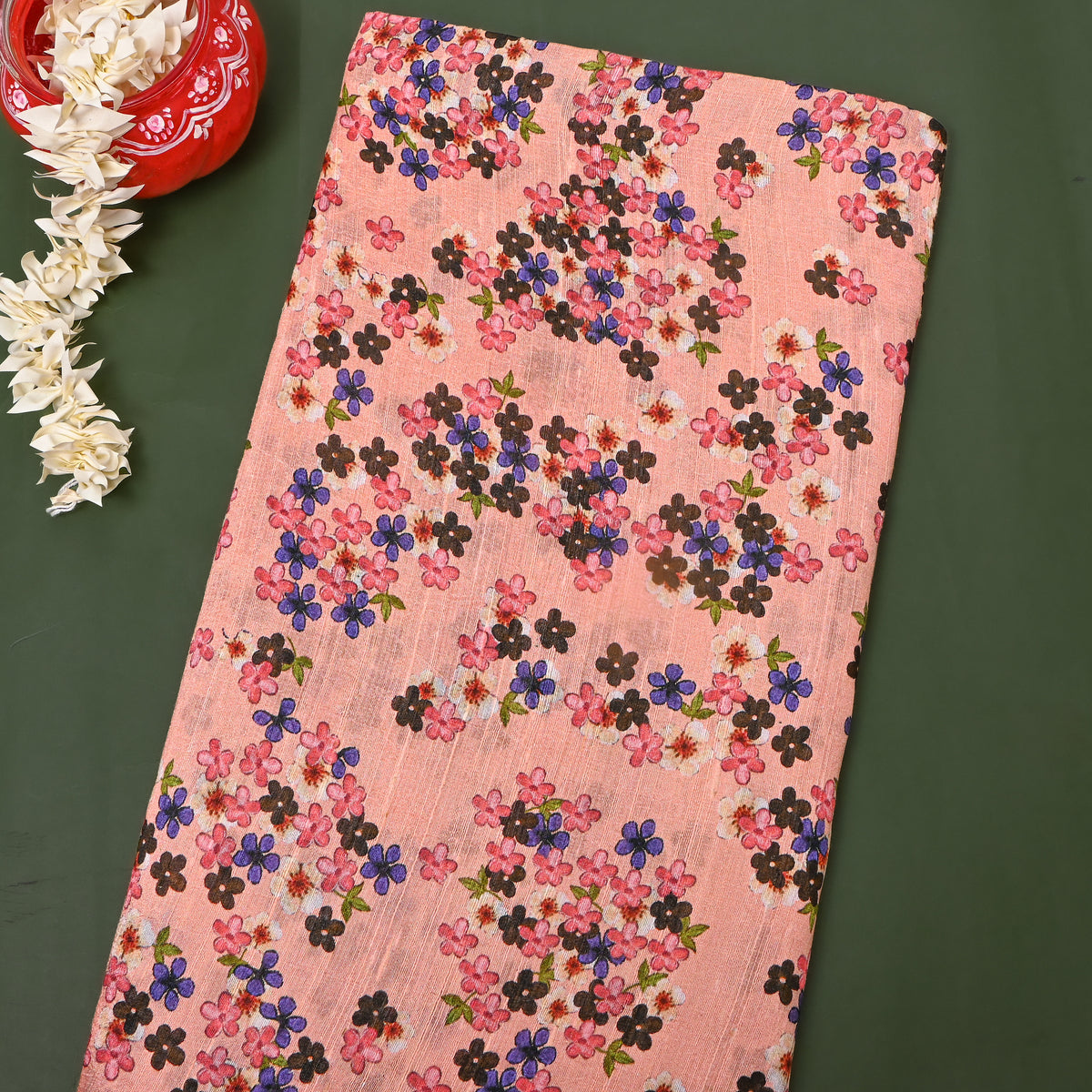 Salmon Pink Blossom Cluster Print Silk Fabric