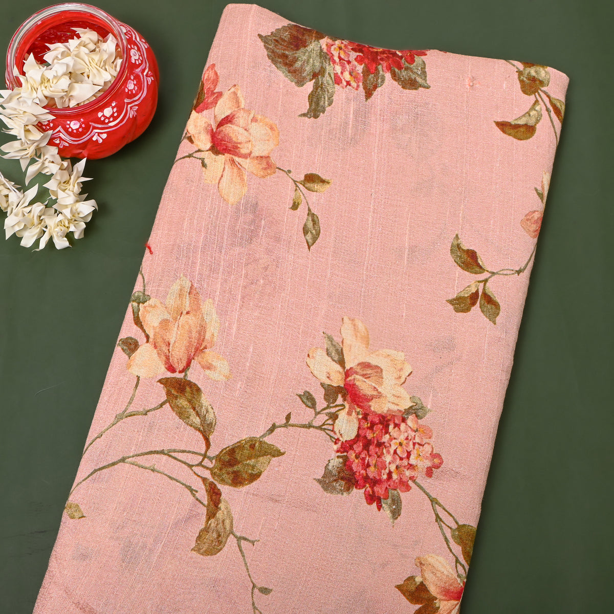 Rosewater Peach Magnolia Hydrangea Digital Print Raw Silk Fabric