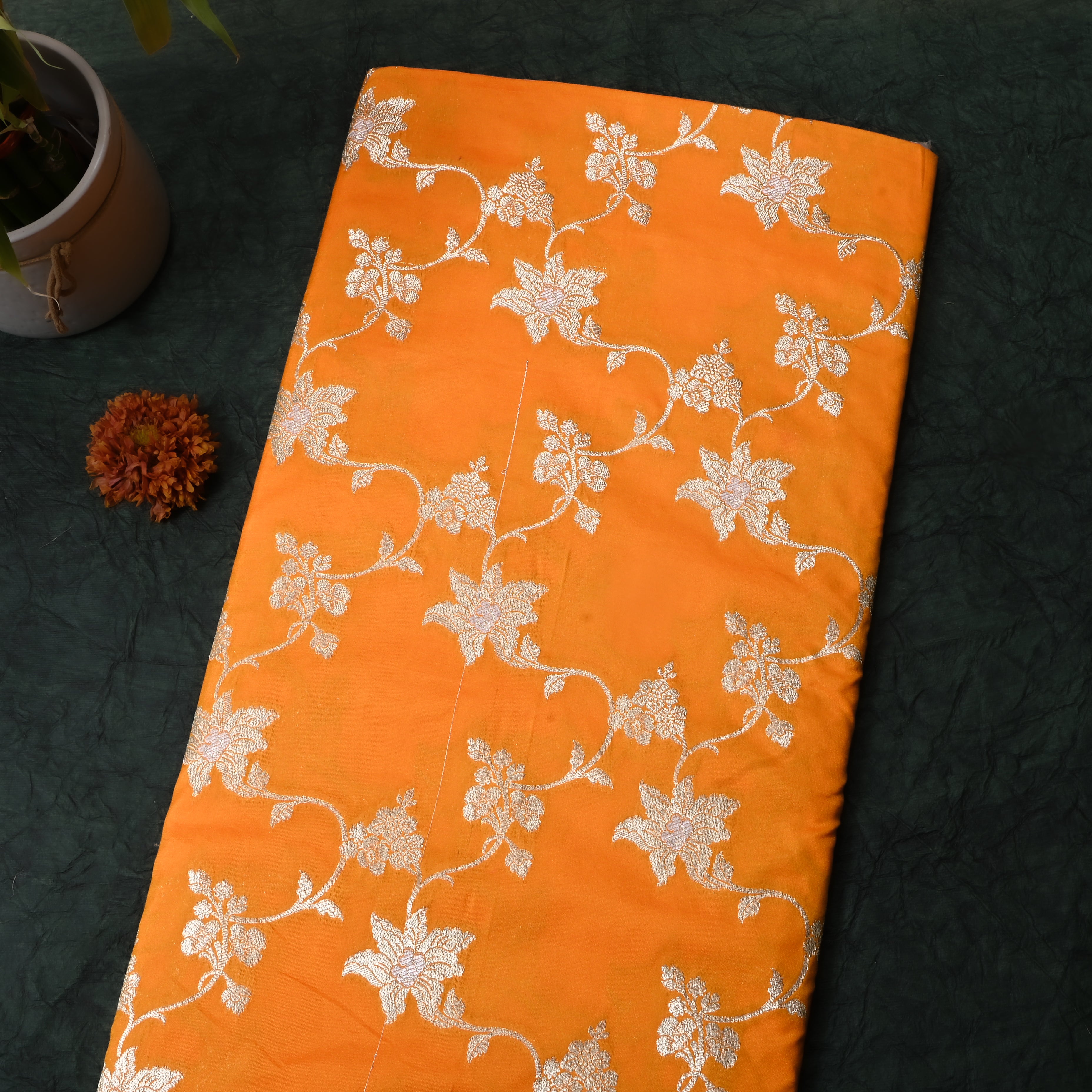 Vibrant Orange Floral Jamawar Silk Fabric