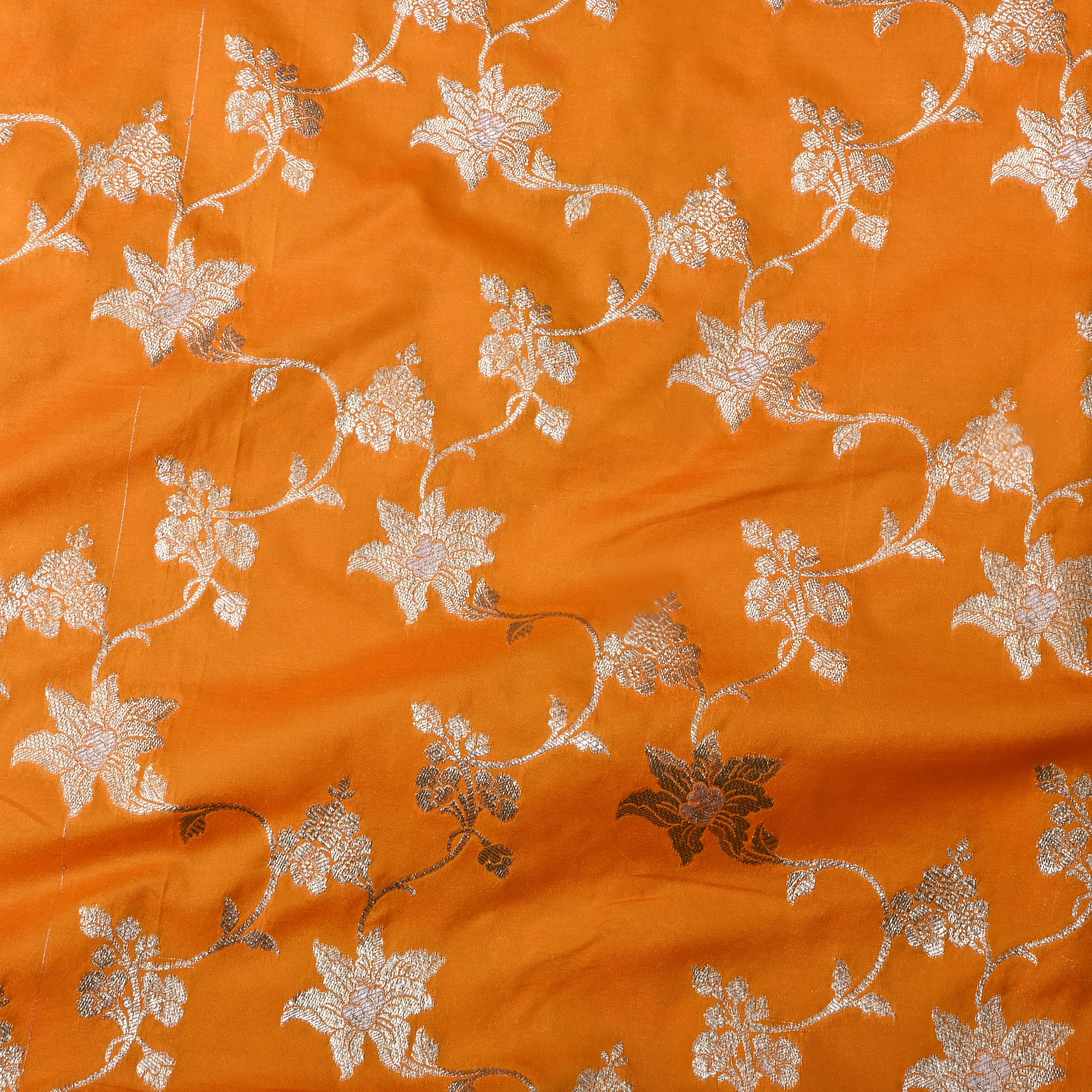 Vibrant Orange Floral Jamawar Silk Fabric
