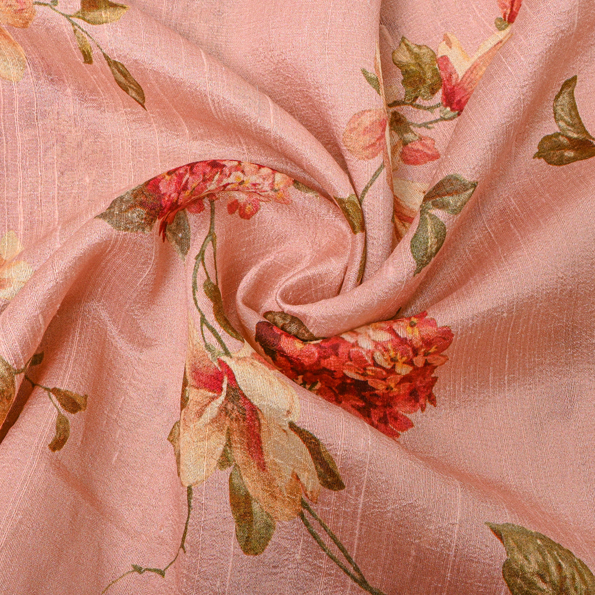 Rosewater Peach Magnolia Hydrangea Digital Print Raw Silk Fabric