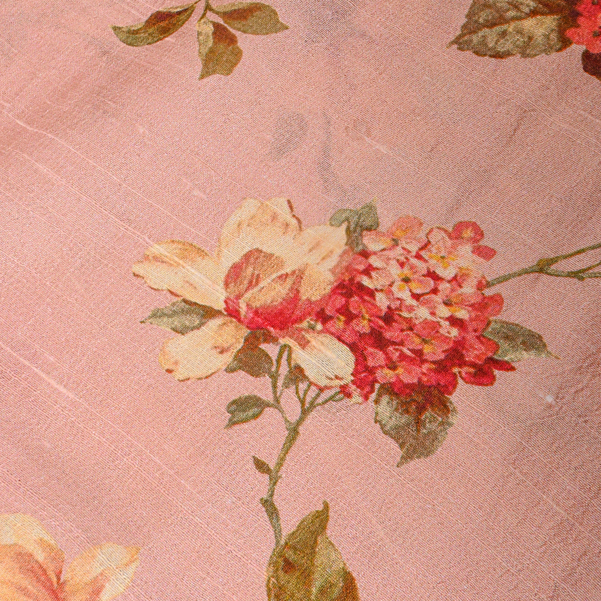 Rosewater Peach Magnolia Hydrangea Digital Print Raw Silk Fabric