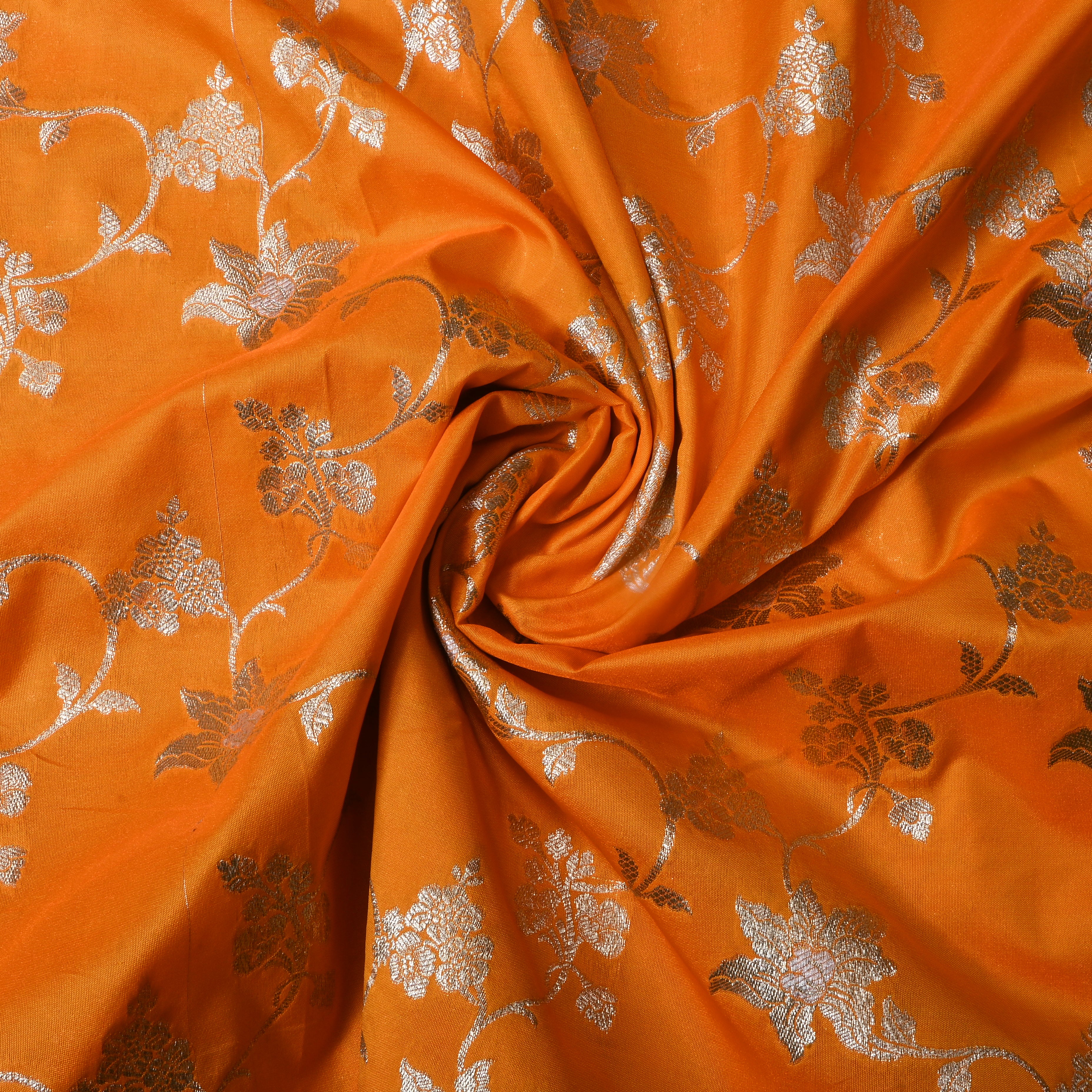 Vibrant Orange Floral Jamawar Silk Fabric