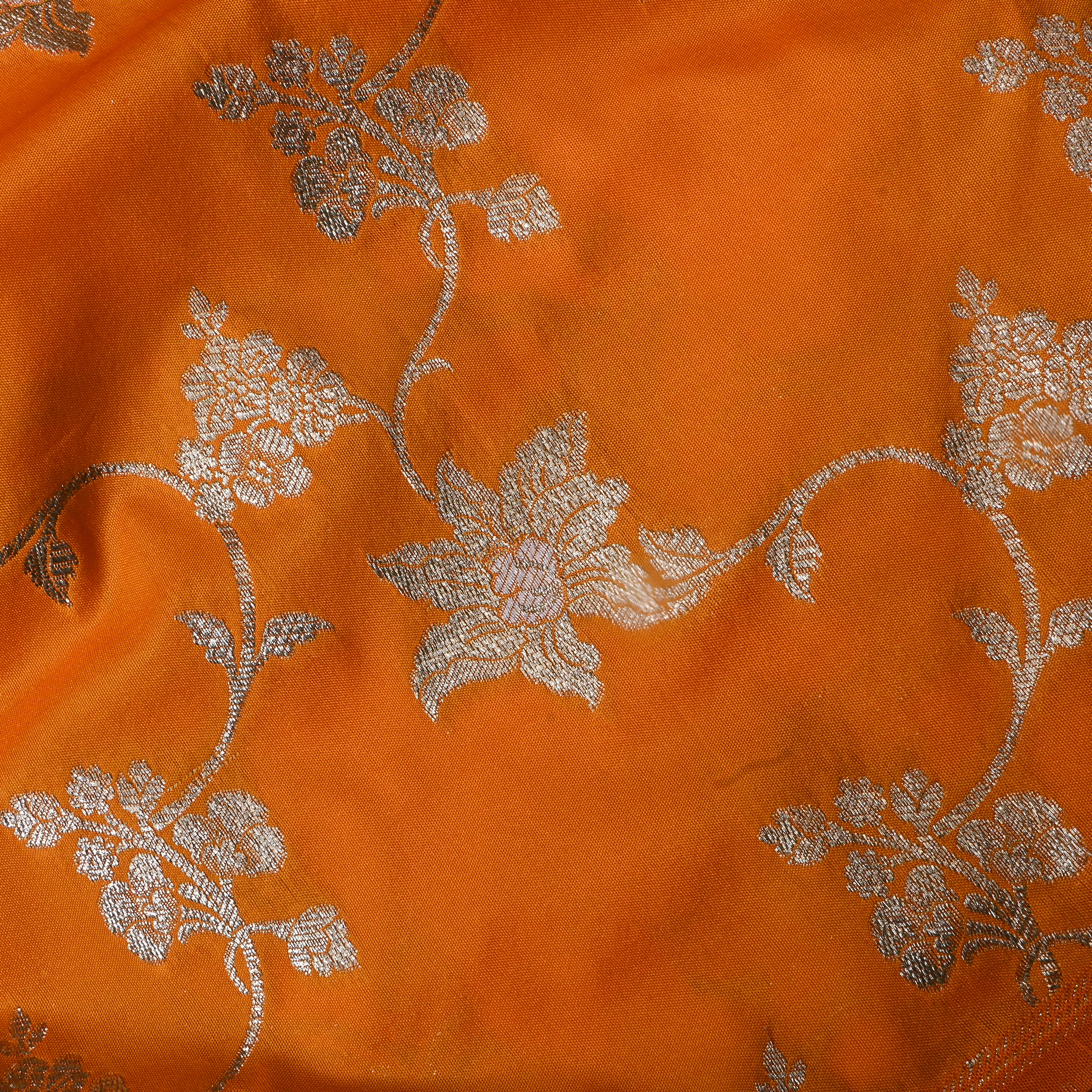 Vibrant Orange Floral Jamawar Silk Fabric
