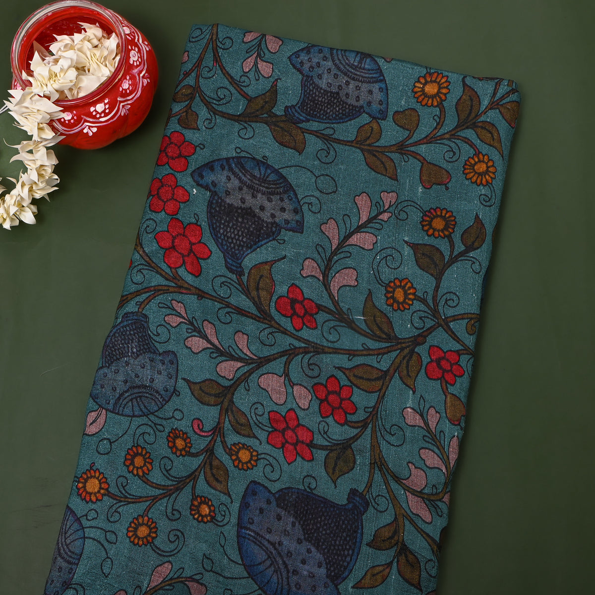 Pistachio Floral Digital Print Raw Silk Fabric