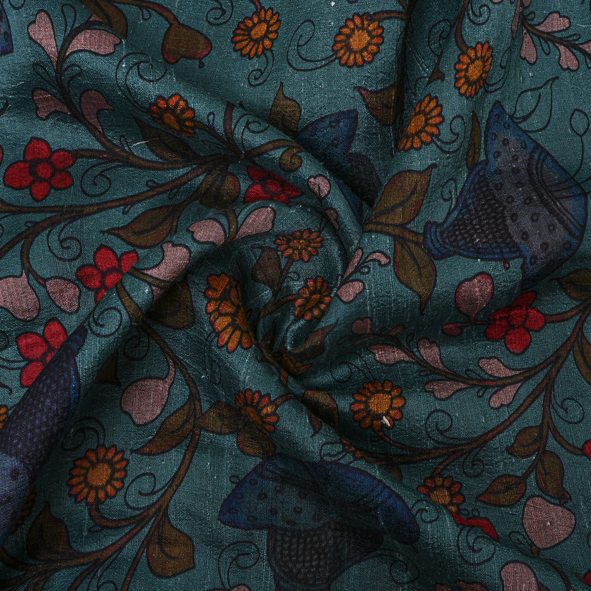 Pistachio Floral Digital Print Raw Silk Fabric