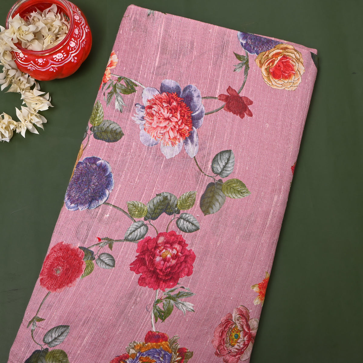 Mauve Pink Rose Trail Digital Print Raw Silk Fabric