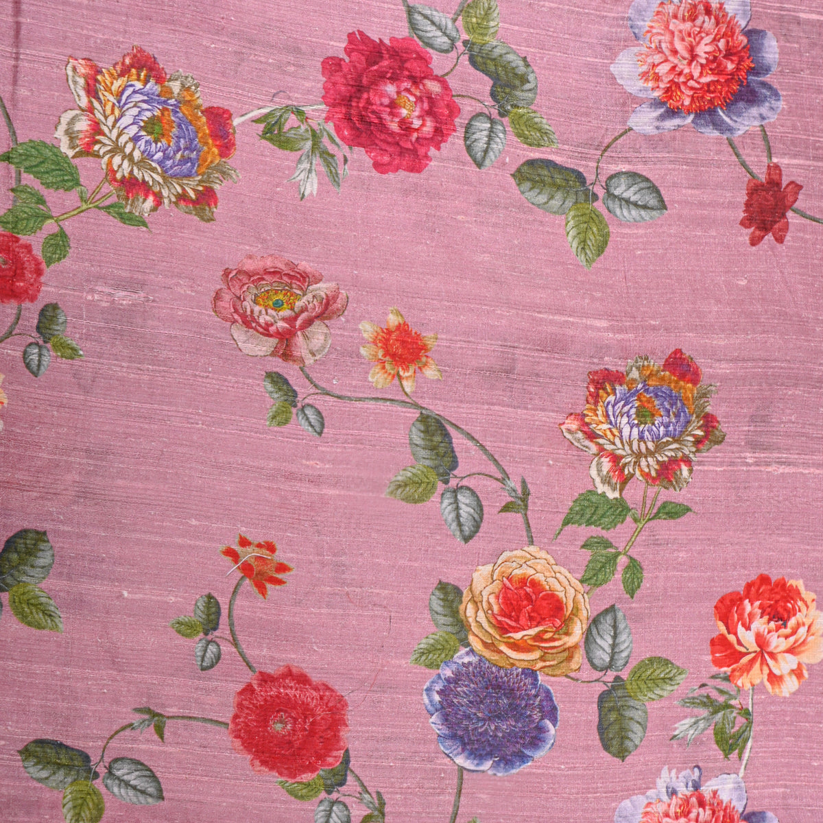 Mauve Pink Rose Trail Digital Print Raw Silk Fabric