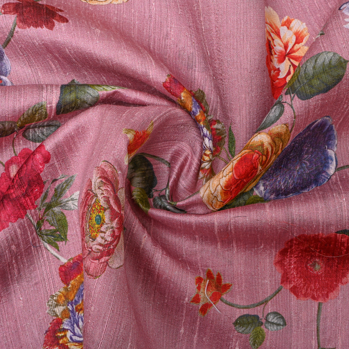 Mauve Pink Rose Trail Digital Print Raw Silk Fabric