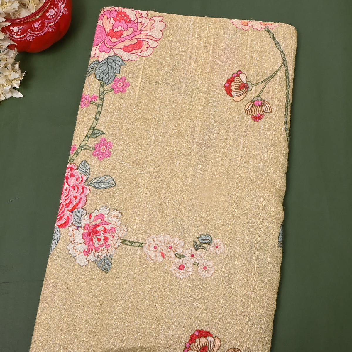 Sand Peony Floral Digital Print Raw Silk Fabric