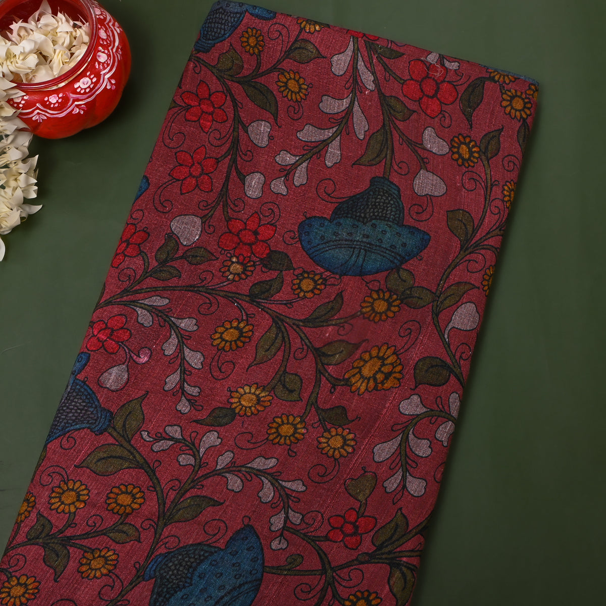 Raspberry Floral Digital Print Raw Silk Fabric
