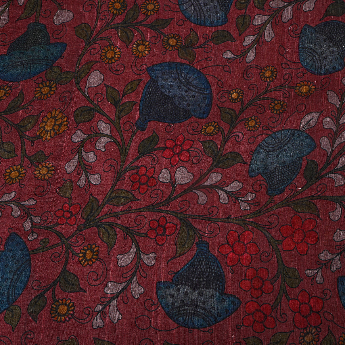 Raspberry Floral Digital Print Raw Silk Fabric