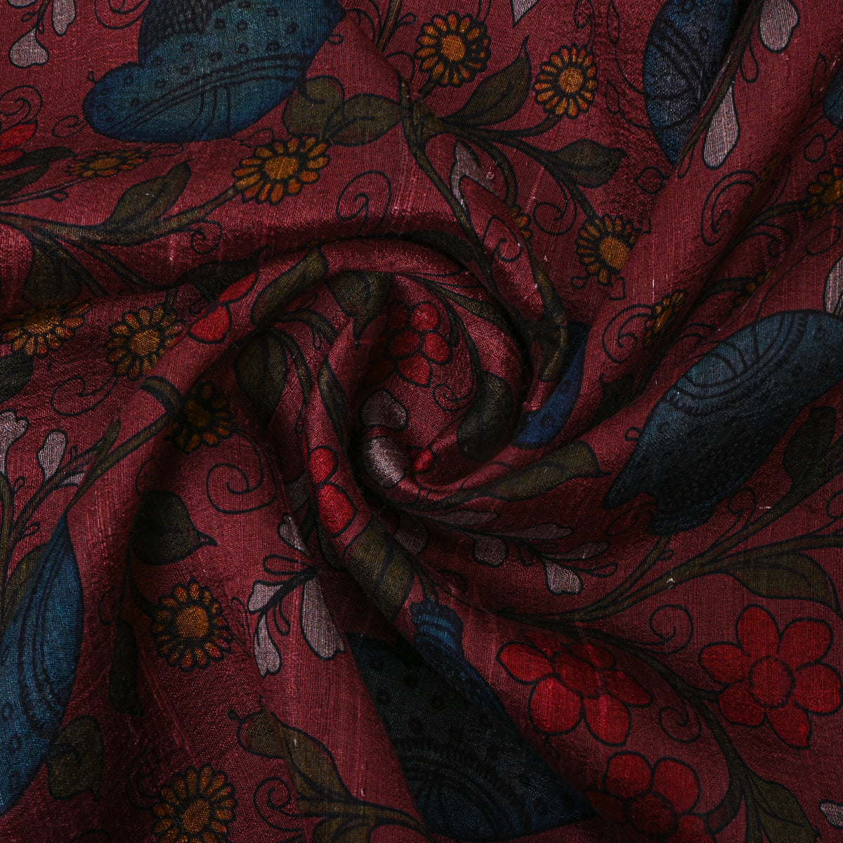 Raspberry Floral Digital Print Raw Silk Fabric