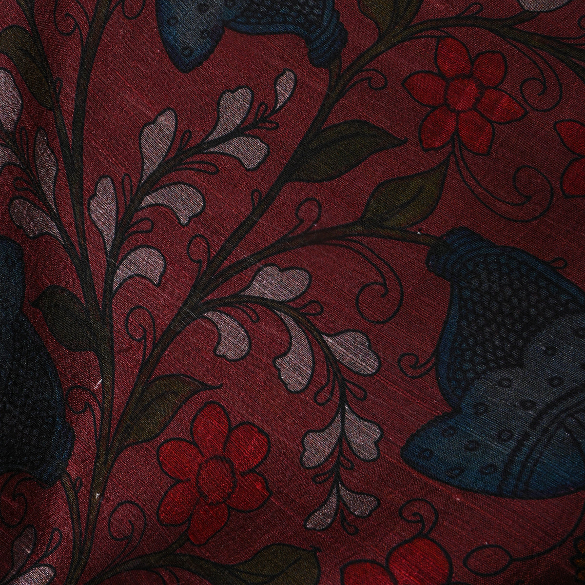 Raspberry Floral Digital Print Raw Silk Fabric