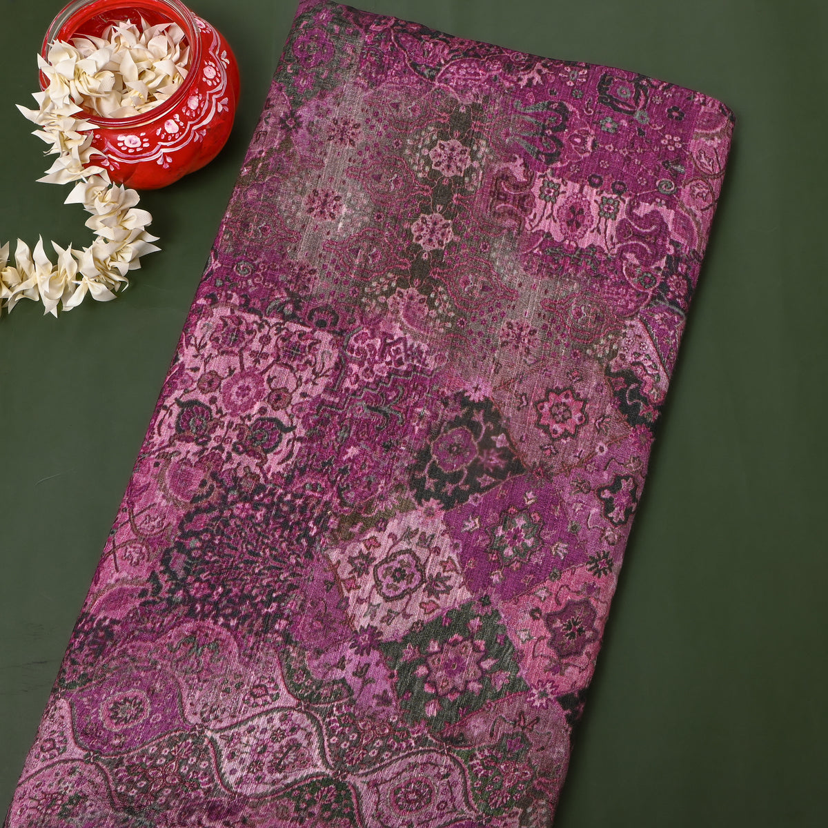 Mulberry Purple Patchwork Geometric Digital Print Tussar Silk Fabric