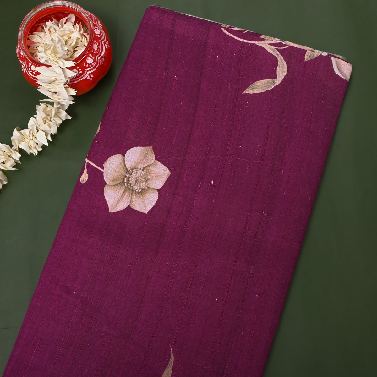 Peony Magenta Tulip Digital Print Raw Silk Fabric