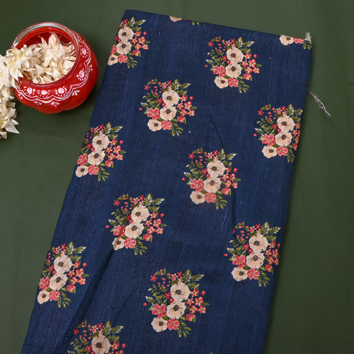 Nightfall Blue Floral Bouquet Digital Print Tussar Silk Fabric