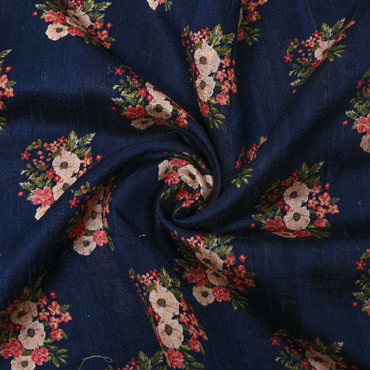 Nightfall Blue Floral Bouquet Digital Print Tussar Silk Fabric