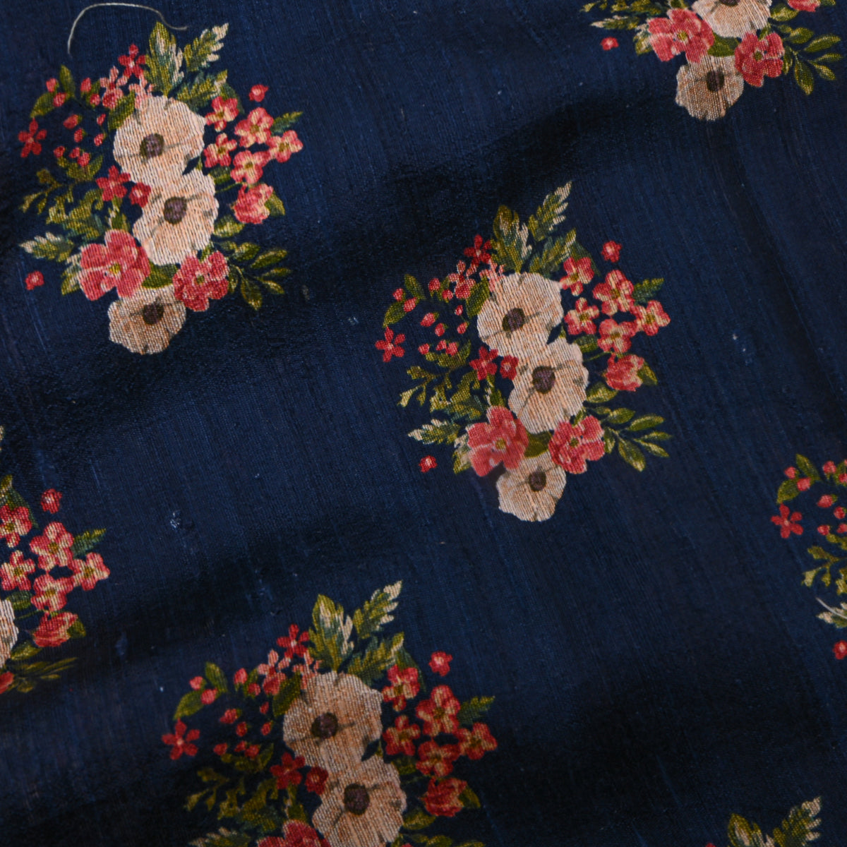 Nightfall Blue Floral Bouquet Digital Print Tussar Silk Fabric