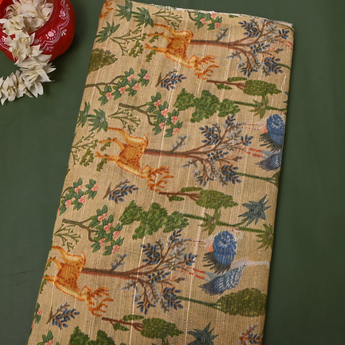 Beige And Green Digital Animal Print Raw Silk Fabric