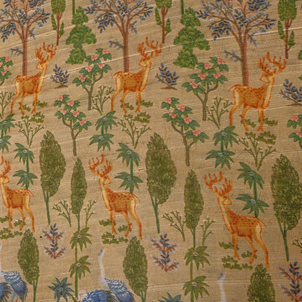 Beige And Green Digital Animal Print Raw Silk Fabric