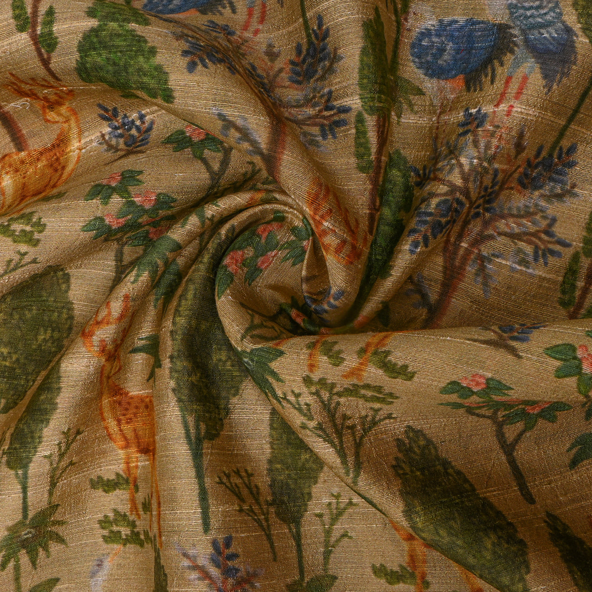 Beige And Green Digital Animal Print Raw Silk Fabric