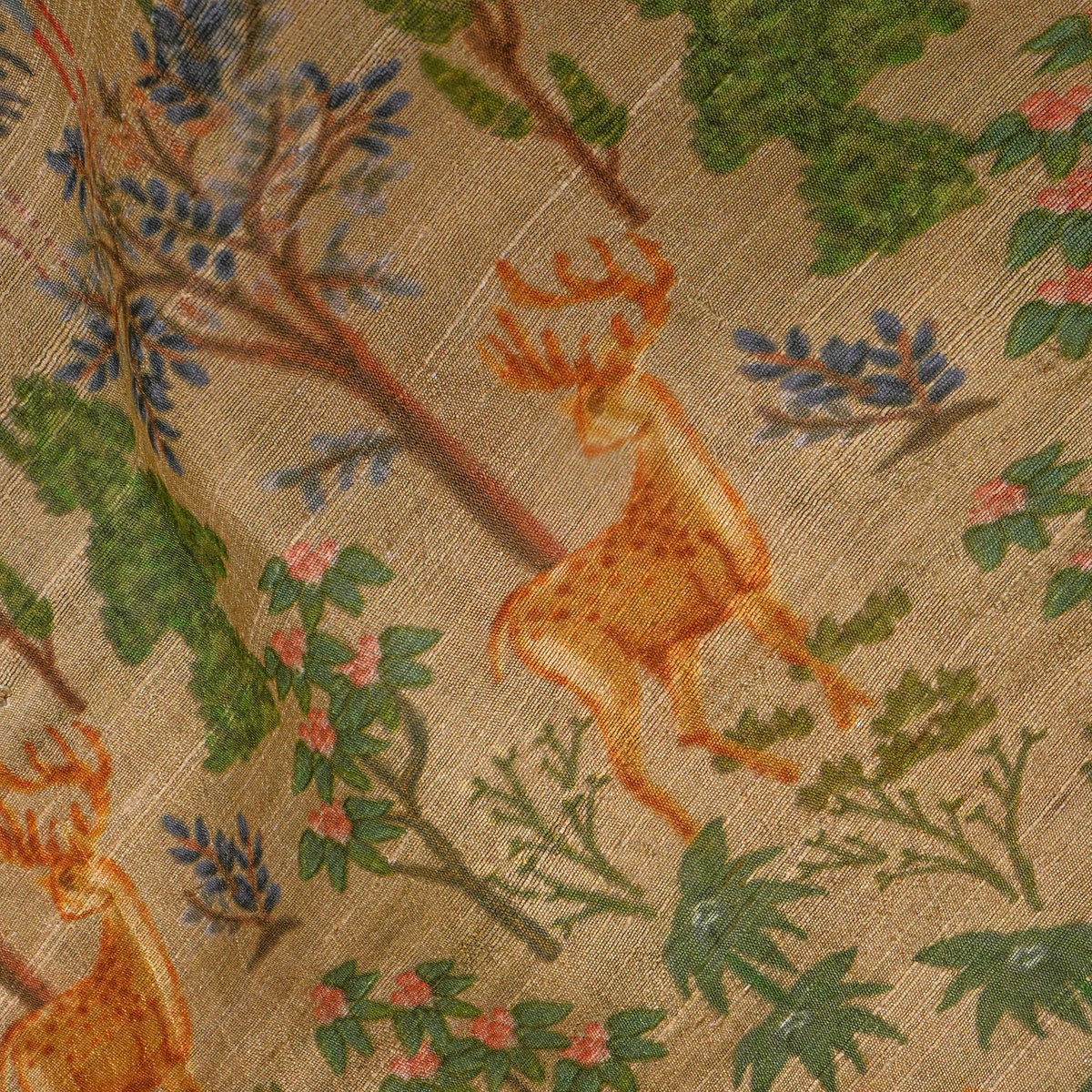 Beige And Green Digital Animal Print Raw Silk Fabric