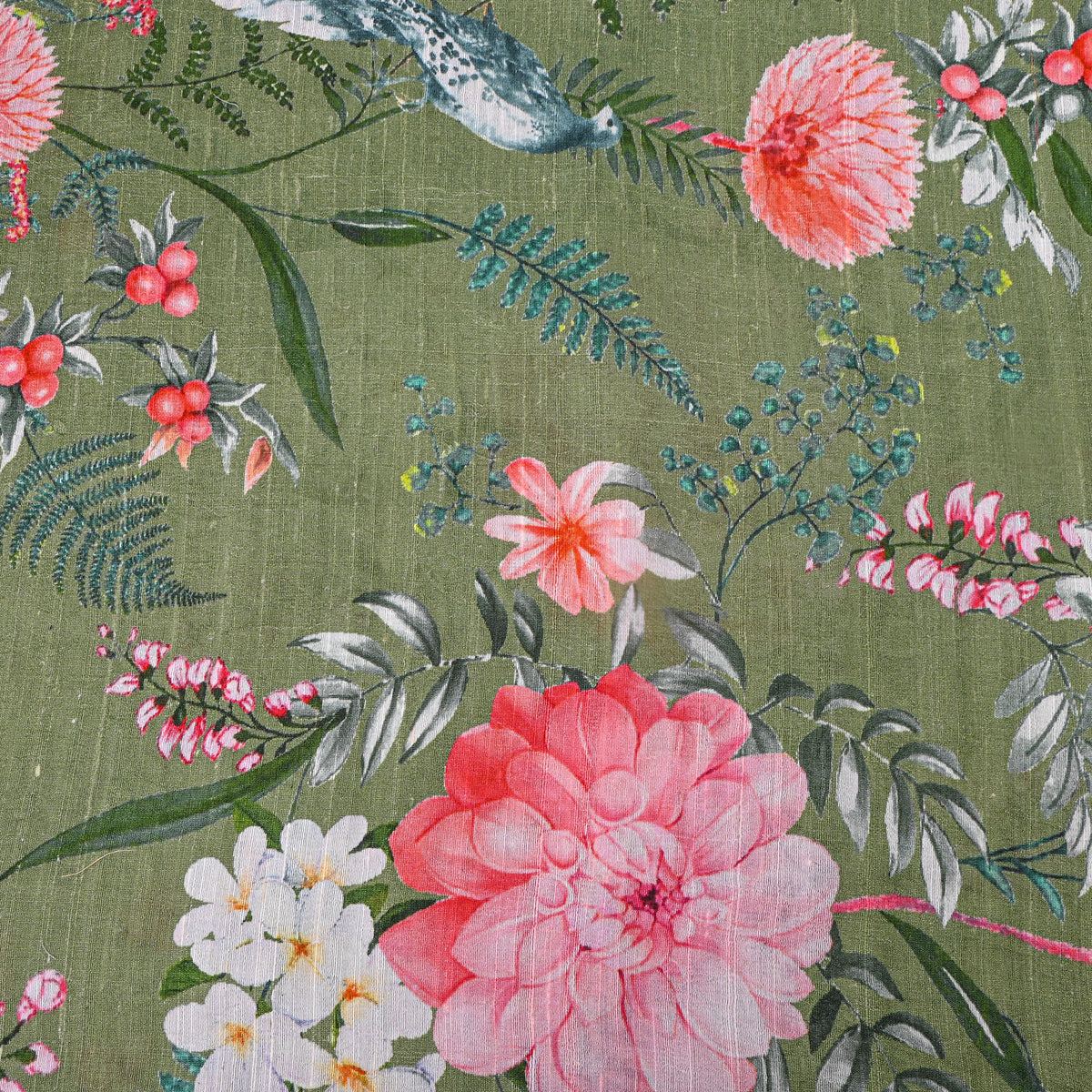 Olive Green Bird Garden Digital Print Raw Silk Fabric