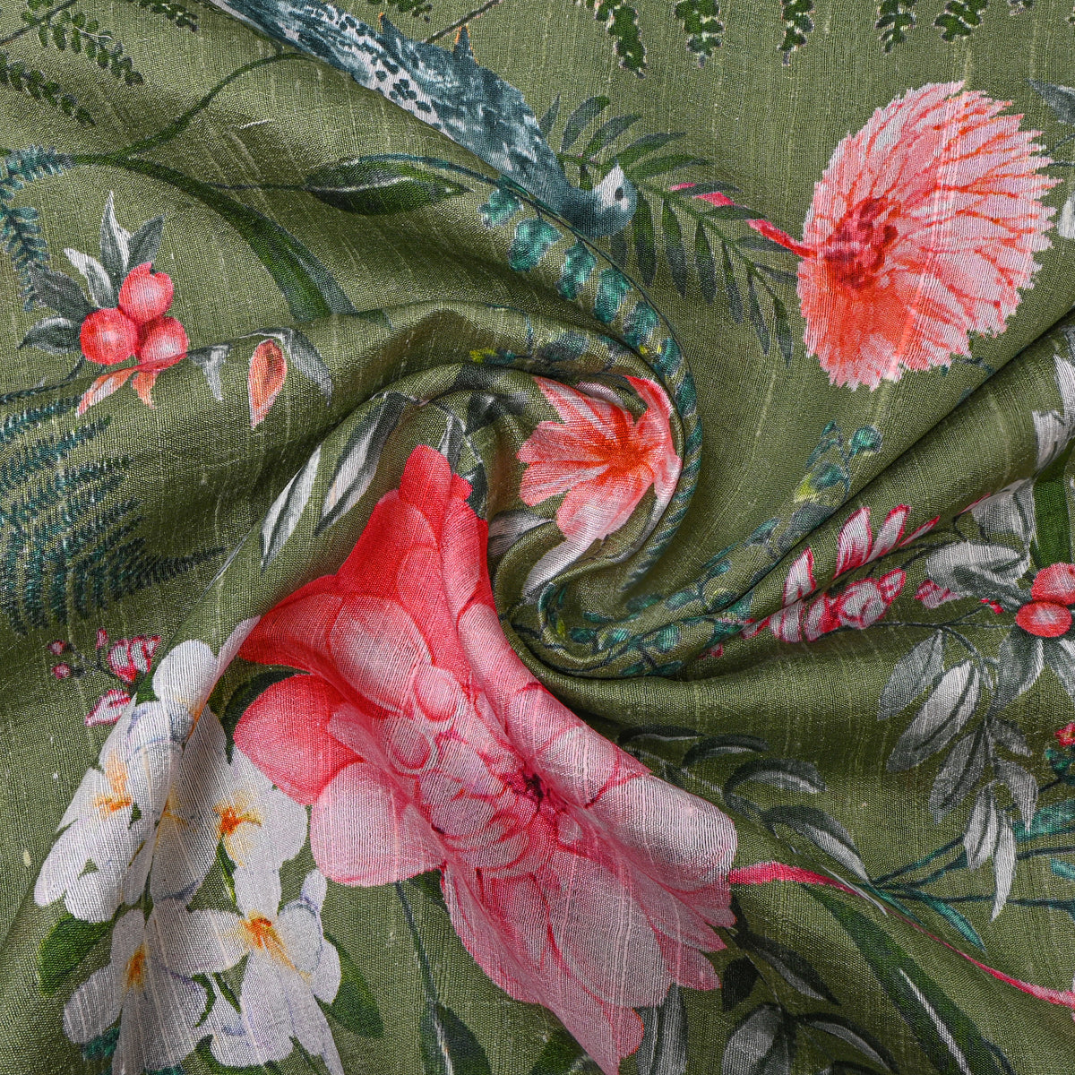 Olive Green Bird Garden Digital Print Raw Silk Fabric