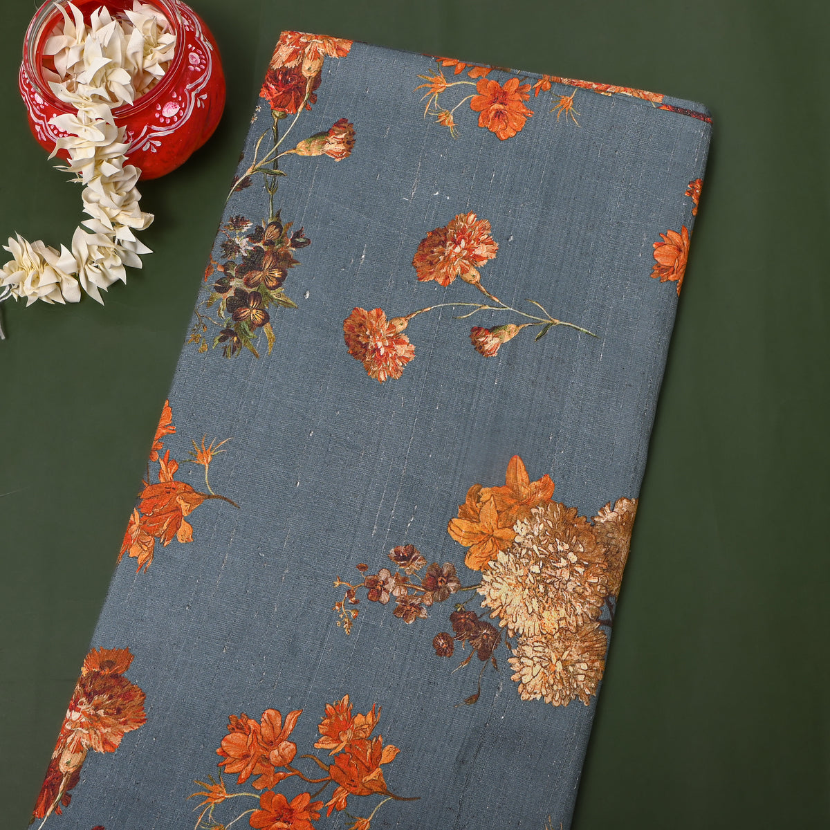 Ash Gray Floral Digital Print Silk Fabric
