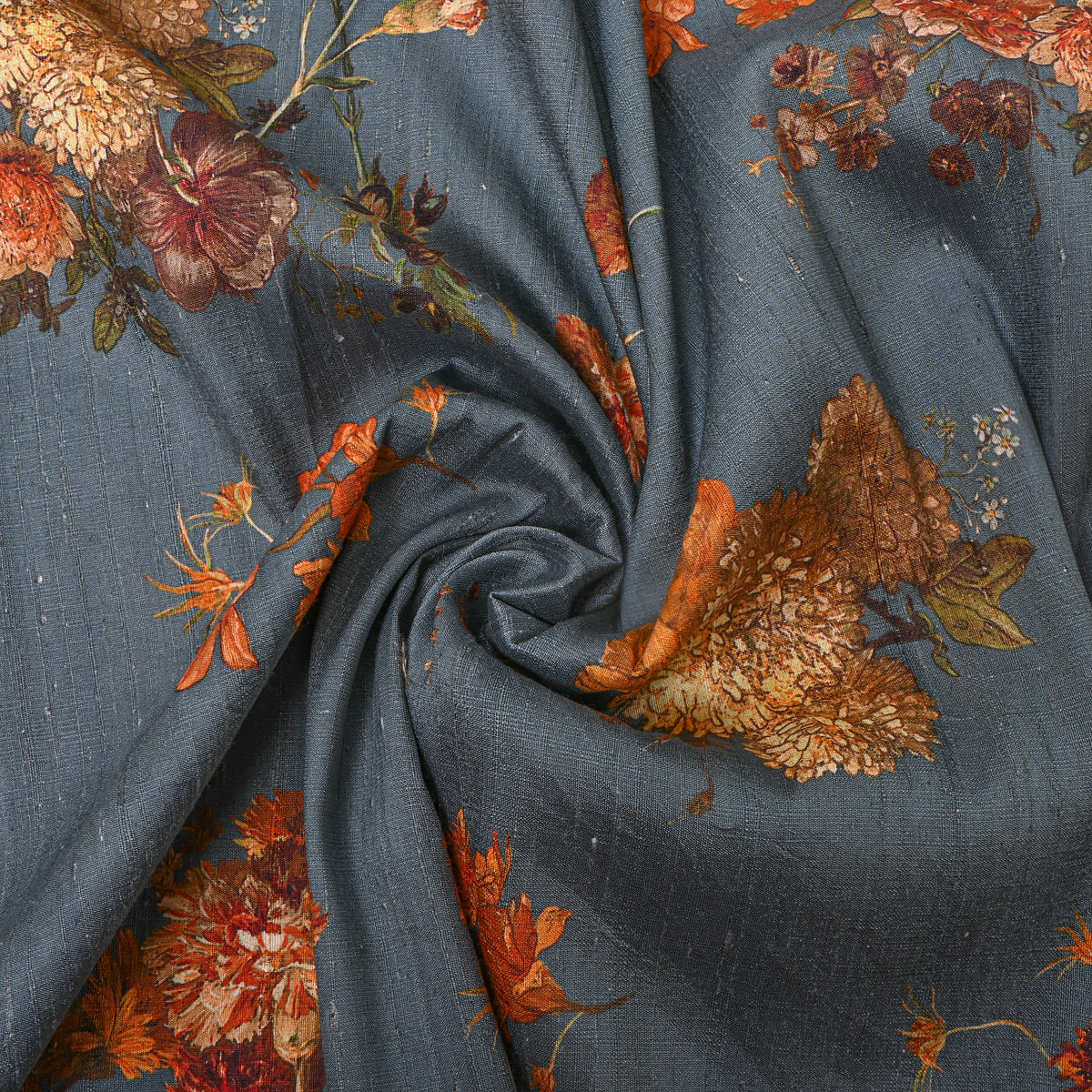 Ash Gray Floral Digital Print Silk Fabric