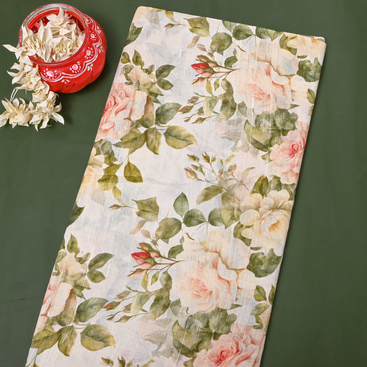 Alabaster Pink Rose Digital Print Tussar Silk Fabric