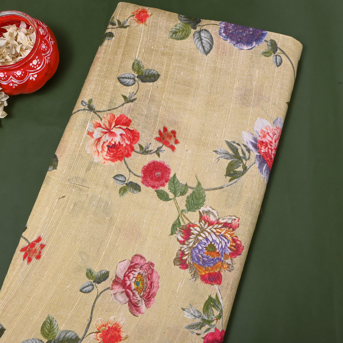 Pistachio Rose Vine Digital Print Raw Silk Fabric