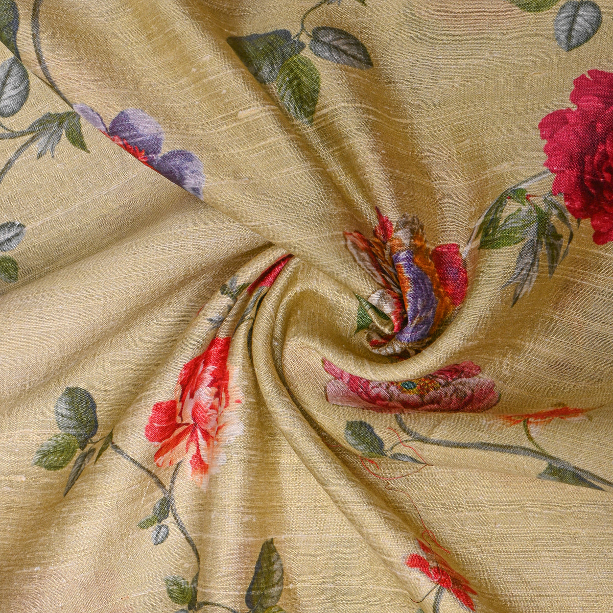 Pistachio Rose Vine Digital Print Raw Silk Fabric