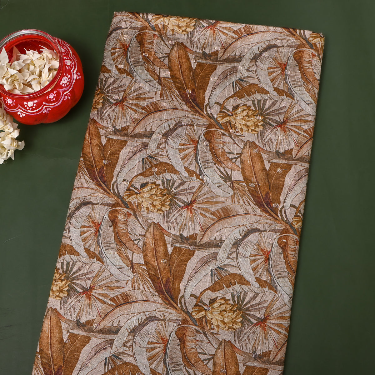 Banana Leaf Floral Print Raw Silk Fabric