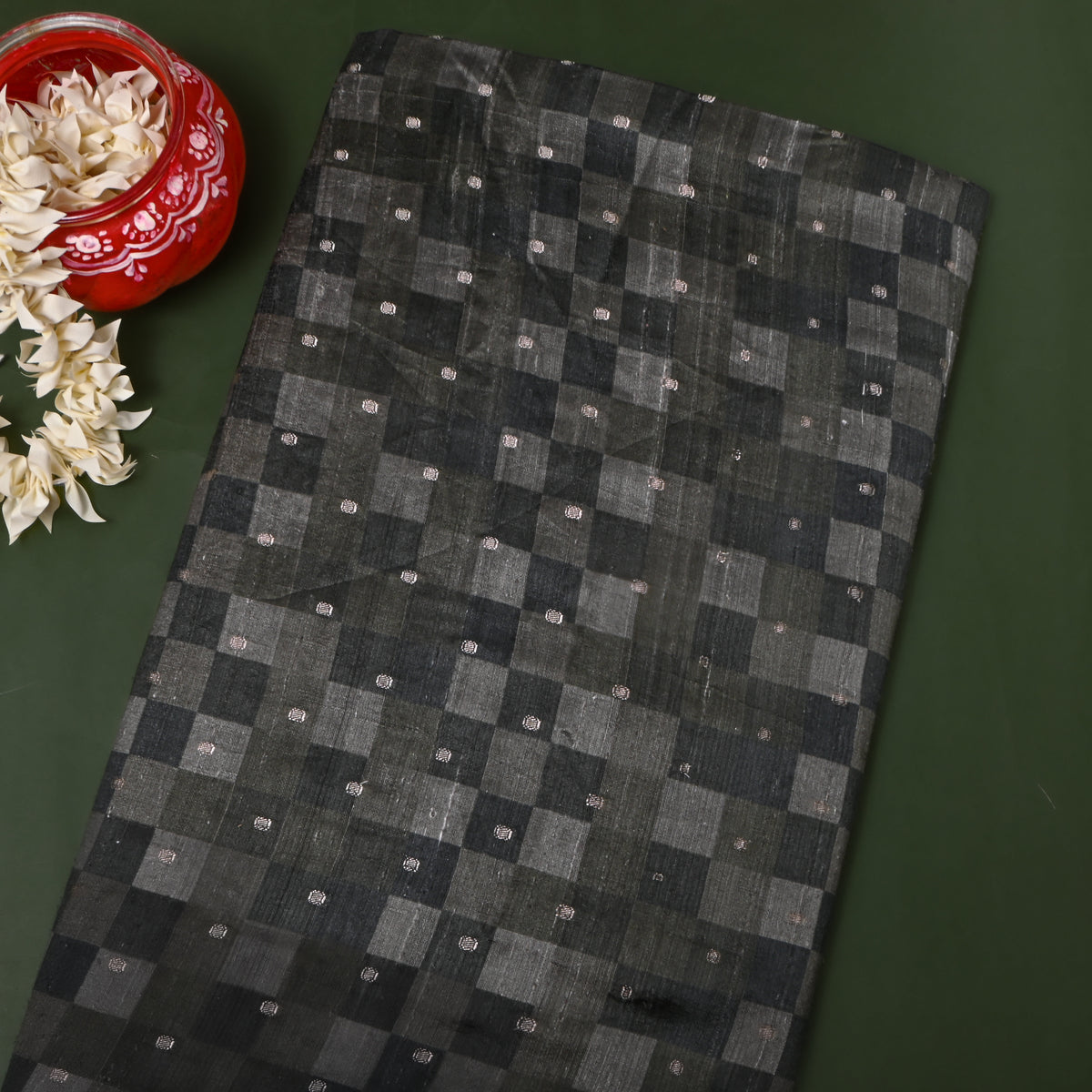 Charcoal Check Plain Raw Silk Fabric