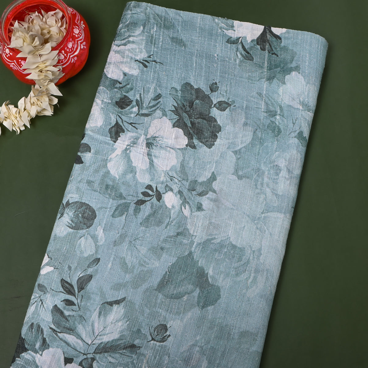 Slate Blue Rose Floral Digital Print Tussar Silk Fabric