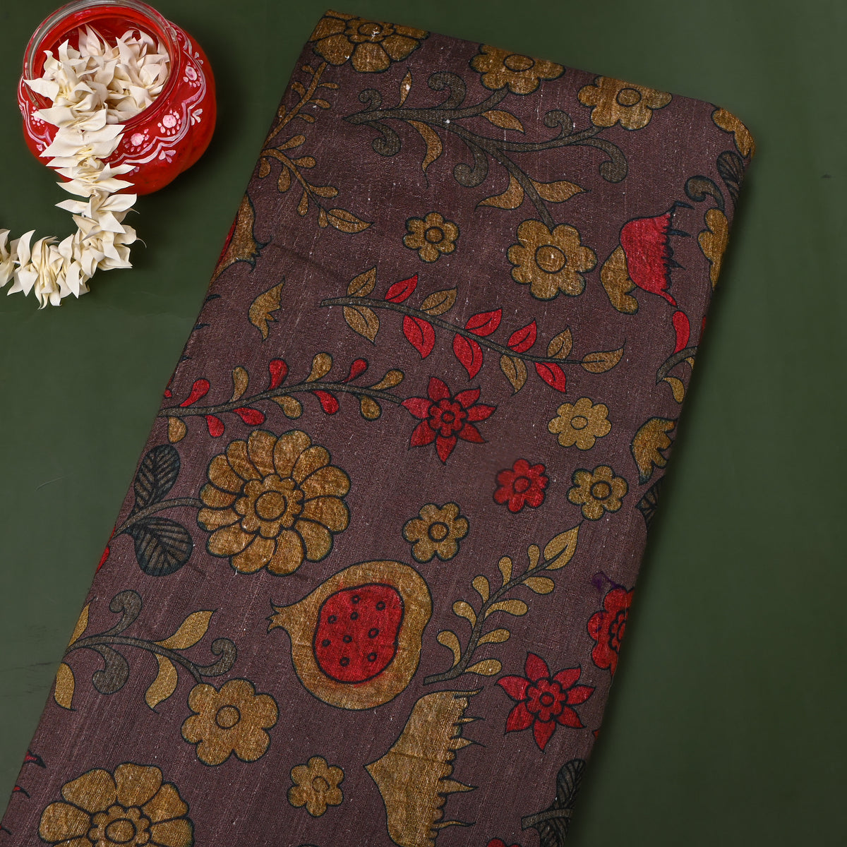 Violet Floral Digital Print Raw Silk Fabric