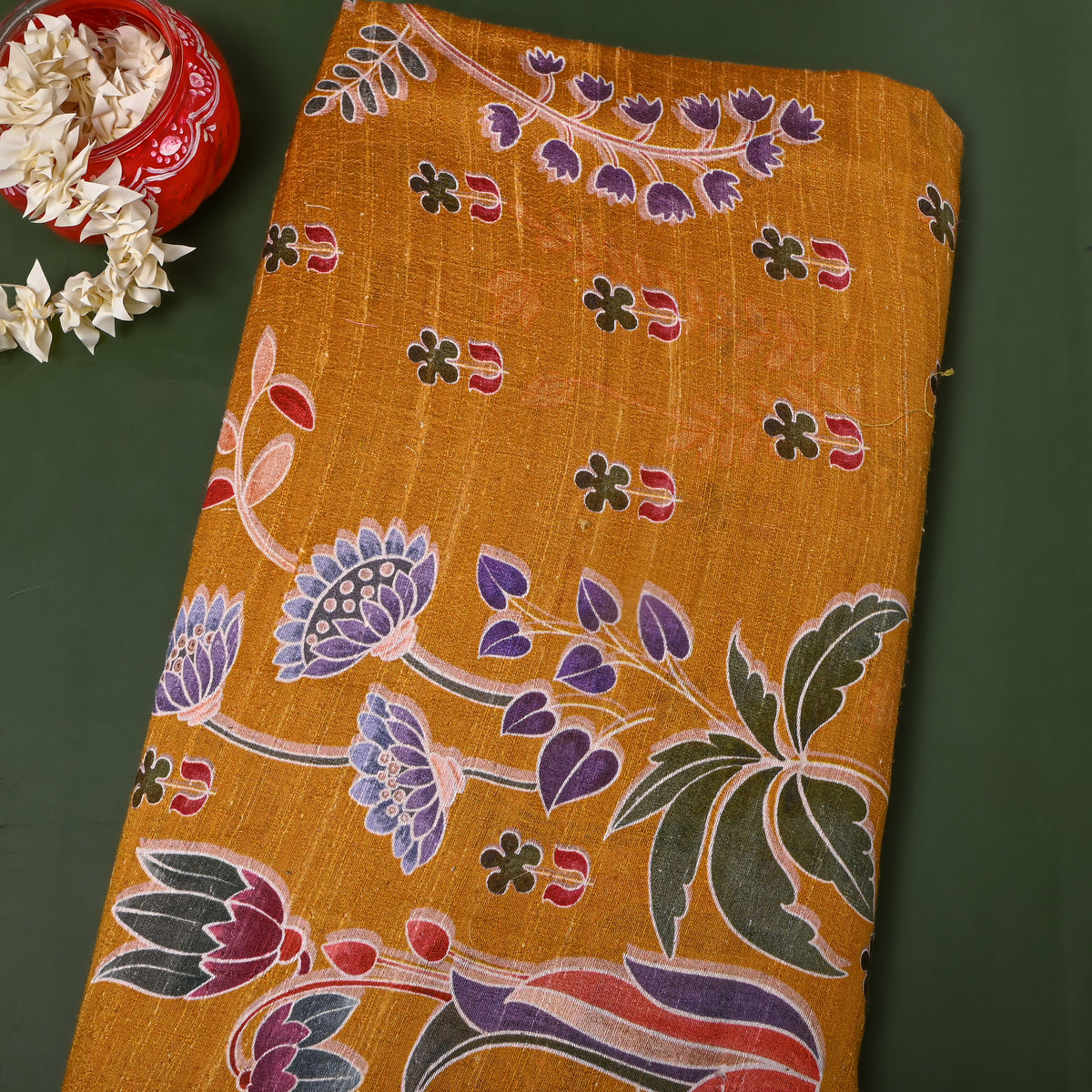 Lemon Floral Digital Print Raw Silk Fabric