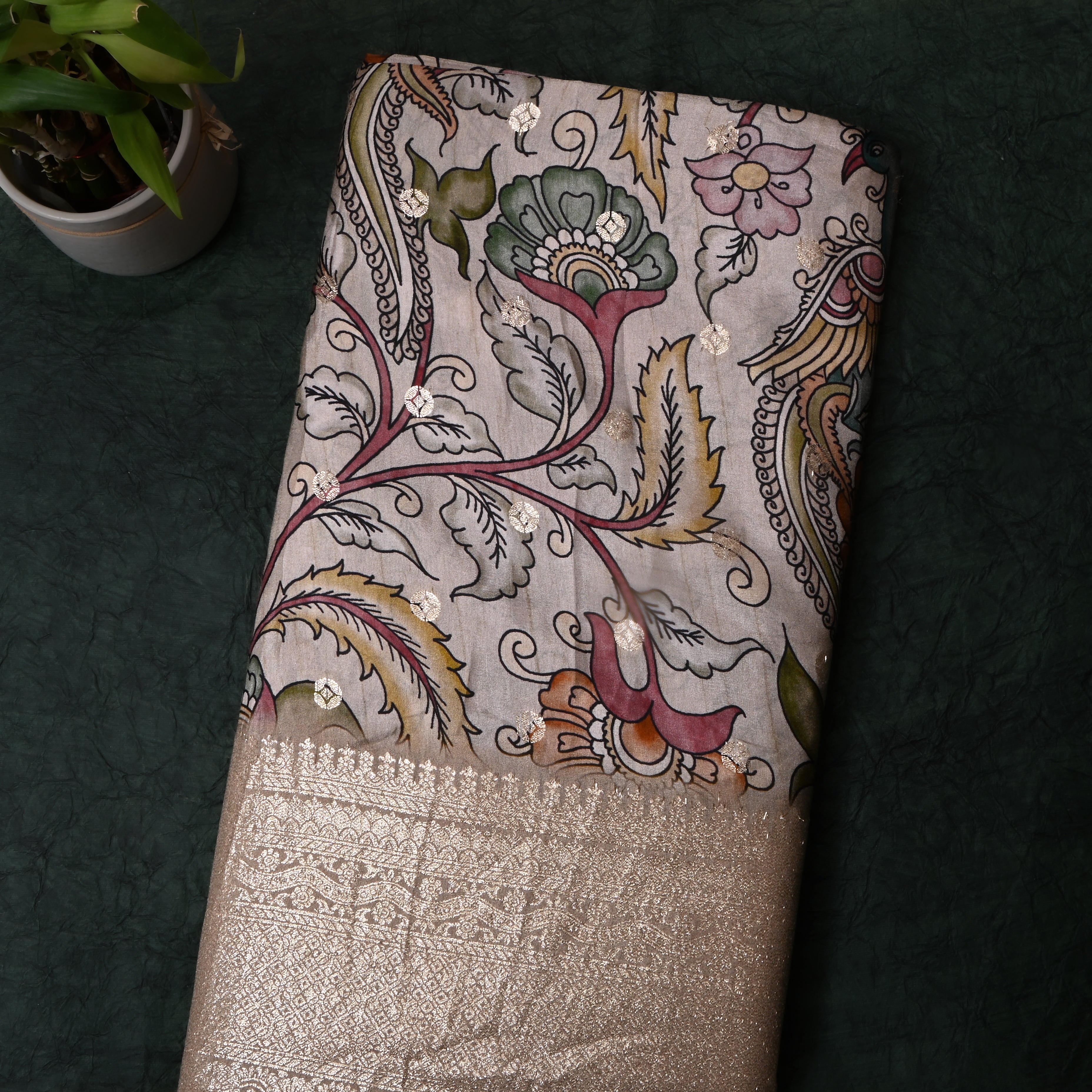 Pastel Grey Floral Printed Silk Fabric