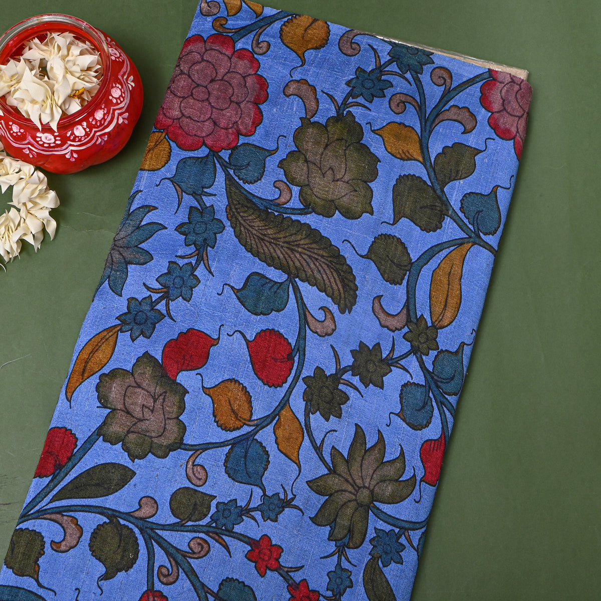 Periwinkle Blue Kalamkari Floral Jaal Digital Print Raw Silk Fabric