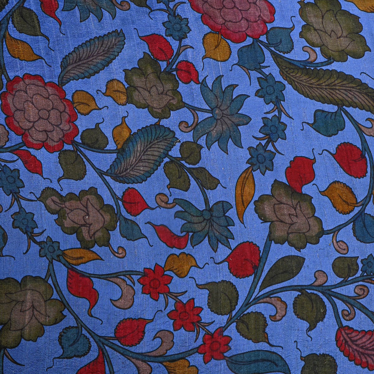 Periwinkle Blue Kalamkari Floral Jaal Digital Print Raw Silk Fabric