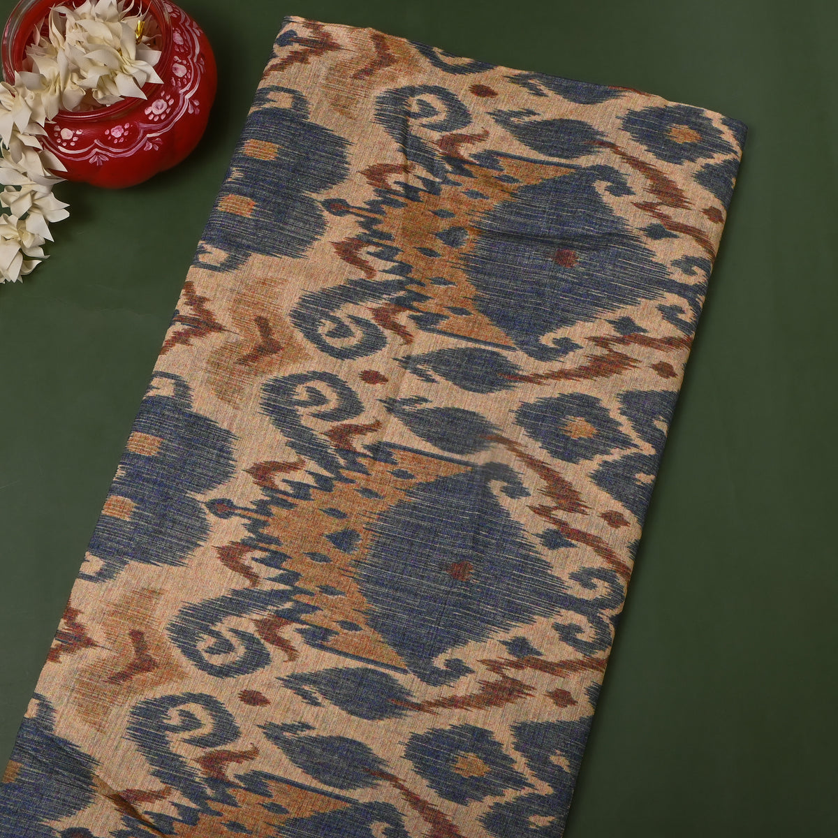 Sand Beige Ikat Geometric Print Tussar Silk Fabric