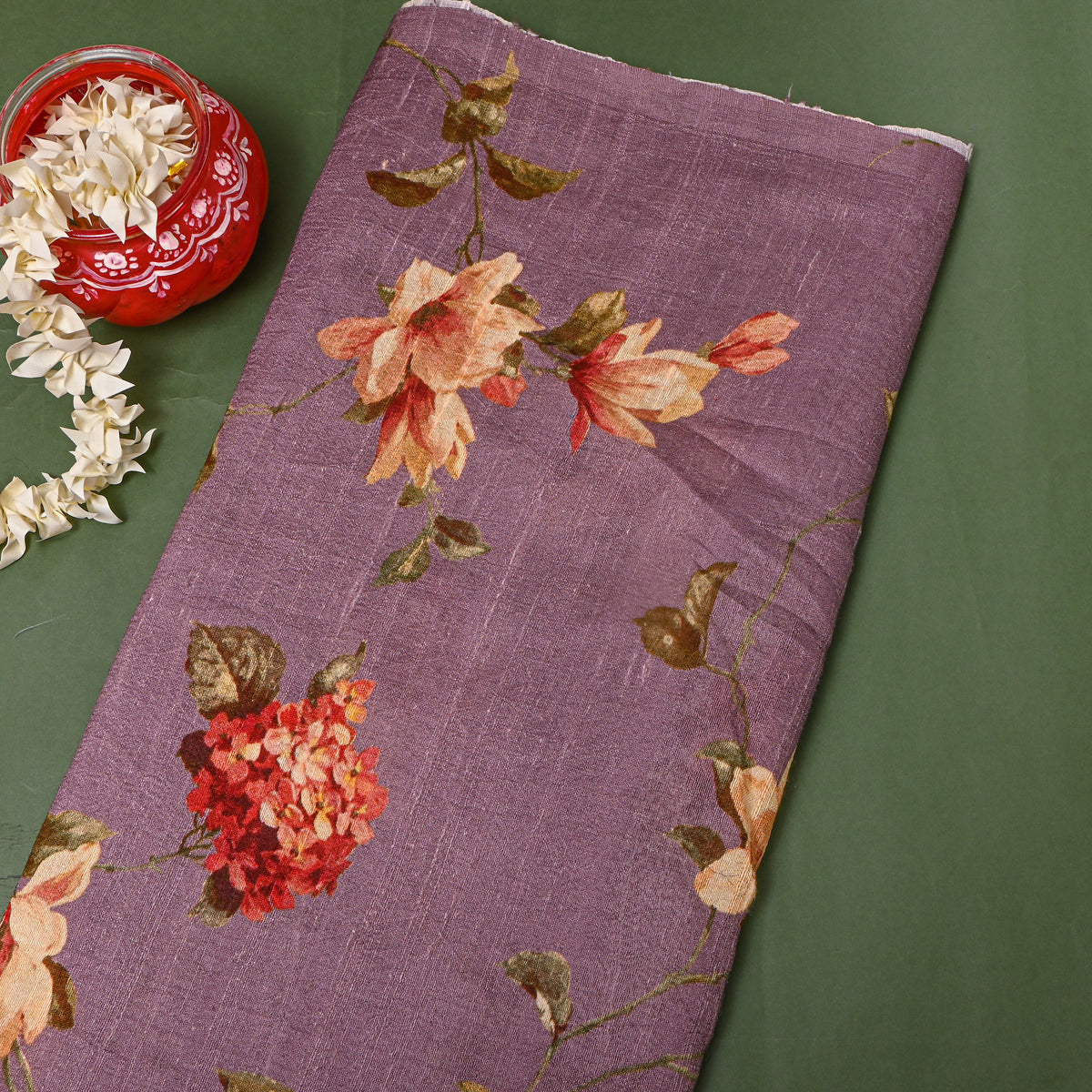 Mauve Magnolia Floral Digital Print Raw Silk Fabric