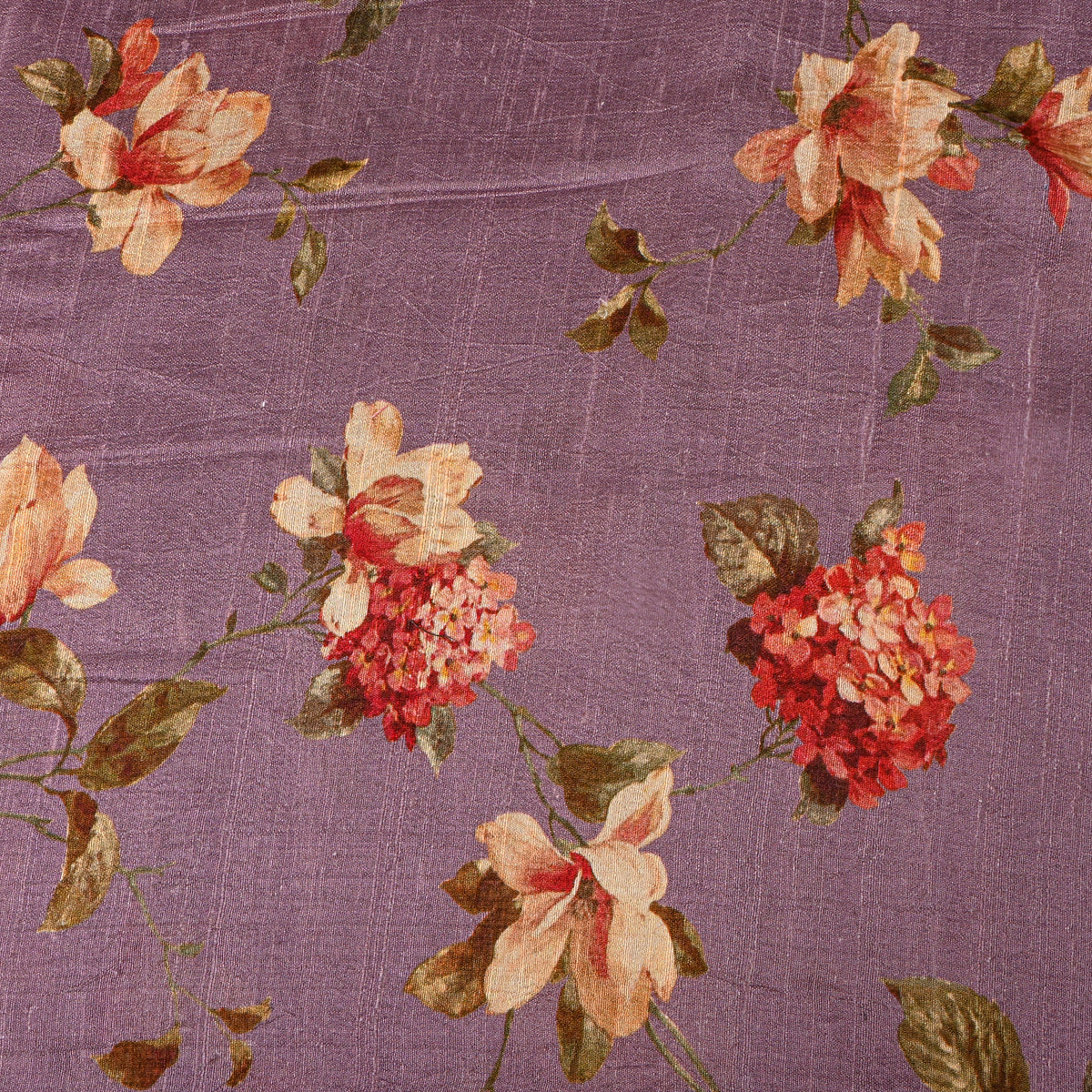 Mauve Magnolia Floral Digital Print Raw Silk Fabric
